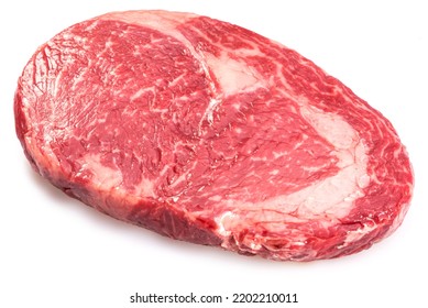 Raw Ribeye Steak Isolated On White Background. Top View.