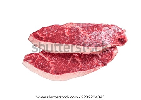Raw rump steak or top sirloin cap beef meat steaks on butcher table. Isolated on white background.