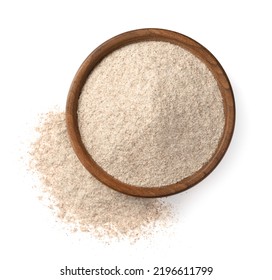 Raw rye flour in the wooden bowl, isolated on white background, top view. - Shutterstock ID 2196611799