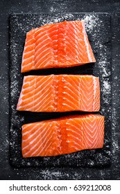 Raw Salmon Filet On Dark Slate Background, Wild Atlantic Fish