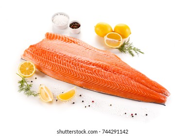 Raw Salmon Fillet On White Background