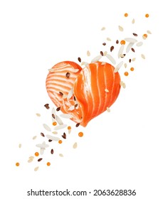Raw salmon fillet in the shape of a heart with ingredients for sushi 