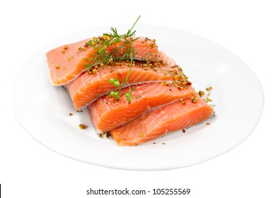 Raw Salmon Fillet With Spices On Plate