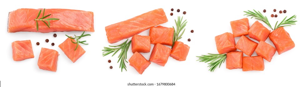 raw salmon piece cube with rosemary and peppercorn isolated on white background close up. Set or collection