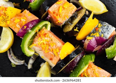 Raw salmon skewers on skewers, fresh seafood on skewers. Food background, food photography.