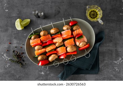 raw salmon skewers with vegetables. summer recipe cooking