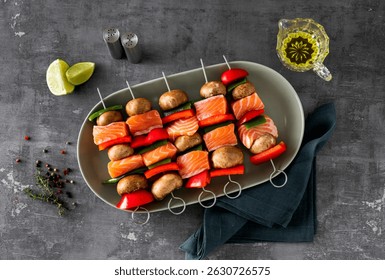 raw salmon skewers with vegetables. summer recipe cooking