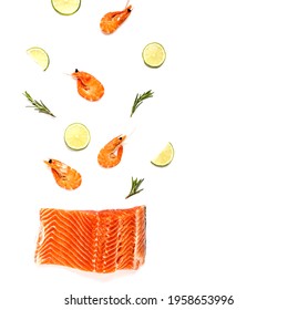 Raw salmon steak with shrimps, lemons and rosemary. Culinary vertical background for healthy diet food - Shutterstock ID 1958653996
