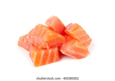 Raw Salmon Sushi Meat Cubes Isolated On A White Background