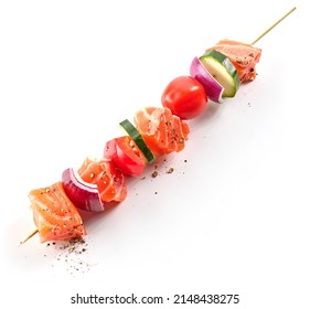 Raw Salmon And Vegetable Skewer Isolated On White Background, Top View