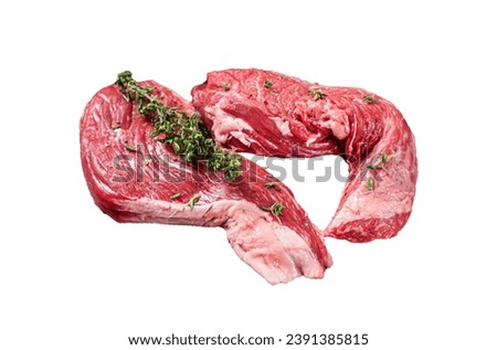 Raw Sirloin flap or Bavette raw beef meat steak on a wooden butcher board with meat cleaver. Isolated, white background