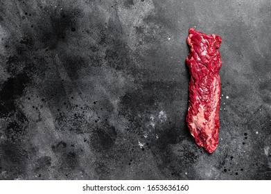 Raw Skirt, Machete Steak. Black Background. Top View. Copy Space