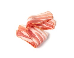 Raw Smoked Bacon Isolated. Streaky Brisket Slices, Fresh Thin Sliced Bacon On White Background