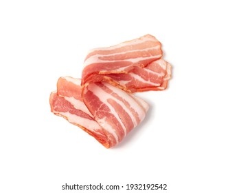 Raw smoked bacon isolated. Streaky brisket slices, fresh thin sliced bacon on white background
