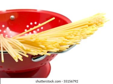 Raw Spaghetti In Strainer Over White Background