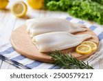 Raw squid and ingredients on white wooden table with lemon and herbs.  Fresh seafood concept.