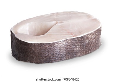 Raw Steak Of A Black Cod Isolated On A White Background