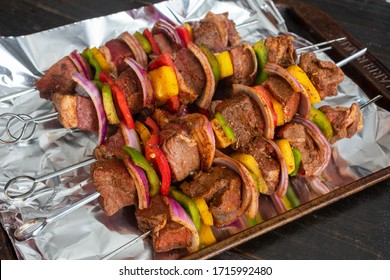 Raw Steak Fajita Skewers: Marinated Steak And Vegetable Kabobs On Foil