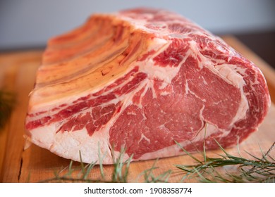 Raw Steak On Butcher Block Various Cuts Of Meat Seasoned 