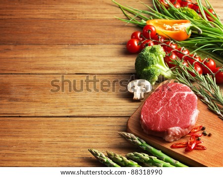 Raw steak on the wooden board.