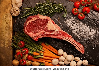 Raw steak surrounded by fresh vegetables, herbs, and spices on dark stone surface. - Powered by Shutterstock