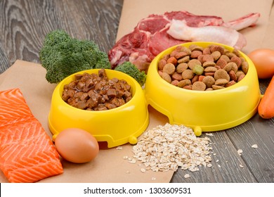 Raw And Store-bought Pet Food. Just Natural Ingredients With Big Amount Of Nutrients For Cat And Dog's Good Growth And Health.