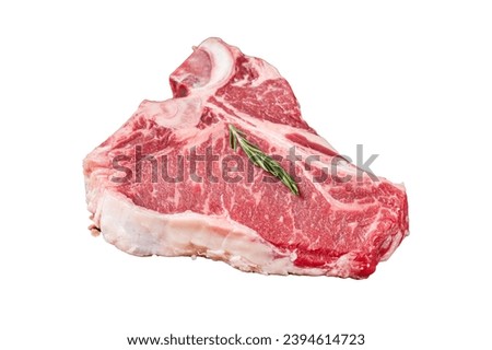 Raw T bone beef meat steak, porterhouse steak on butcher table with rosemary. Isolated, white background