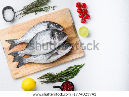 Raw three sea bream or Gilt head bream dorada fish with herbs pepper lime tomato for cooking and grill on white background, top view