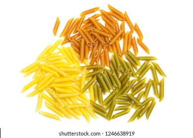 Raw Three-color (colored) Pasta In The Form Of Feathers: Tomatoes, Spinach And Wheat Paste On A White Isolated Background. Food Background.