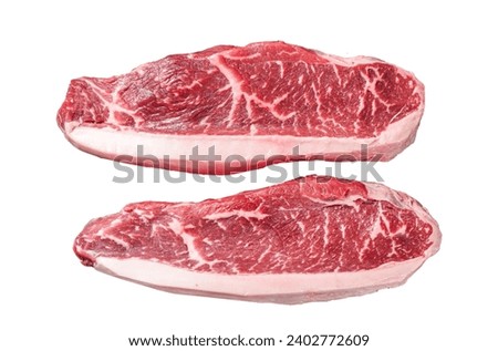 Raw top sirloin beef meat steak or brazilian Picanha on grill. Isolated on white background