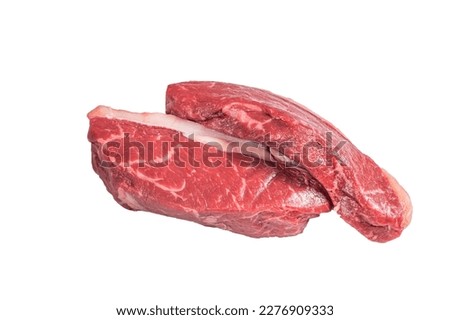 Raw top sirloin steak, cap rump beef meat steak. Isolated on white background