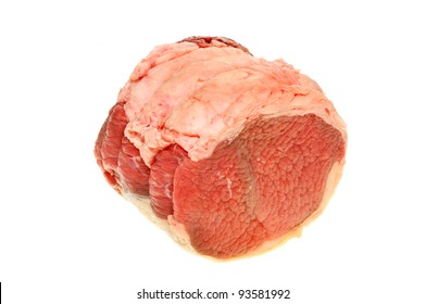 Raw Topside Of Beef Joint Isolated Against White