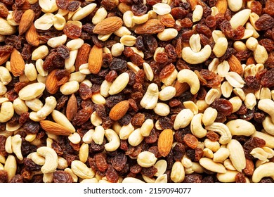 Raw Trail Mix With Nuts And Fruits, Top View. Flat Lay, Overhead, From Above. 