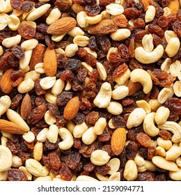 Raw Trail Mix With Nuts And Fruits, Top View. Flat Lay, Overhead, From Above. 