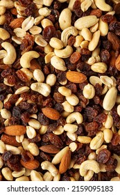 Raw Trail Mix With Nuts And Fruits, Top View. Flat Lay, Overhead, From Above. 