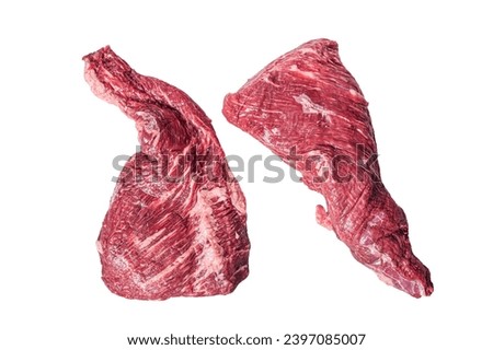 Raw tri tip beef steak on kitchen table.  Isolated, white background
