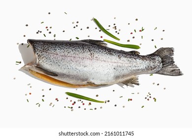 Raw Trout Carcass Isolated On A White Background. Sea Fish, Spices, Healthy Food, Mockup, Flat Lay, Template. A Trendy Hard Light, Dark Shadow, Top View