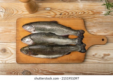 Raw trout on wood plate. Fresh cutthroat, three steelhead fish, whole rainbow trout, trutta, fario, Oncorhynchus mykiss, freshwater trouts on wooden background top view