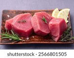 Raw tuna steak ( fillet ) photography . Top view on rustic background 