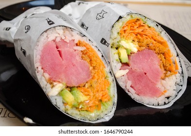 Raw Tuna Sushi Burrito Cut In Half