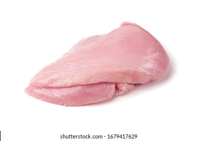 Raw turkey fillet isolated on white background top view. Fresh uncooked turkey breast meat for nuggets or escalope