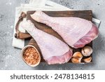 Raw turkey legs, Poultry meat. Gray background. Top view.