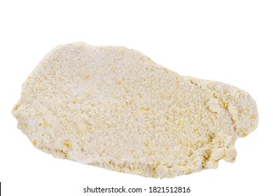 Raw turkey schnitzel in breadcrumbs with spice isolated on white background.