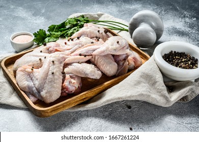 Raw Turkey Wings. Farm Organic Poultry. Top View. Gray Background