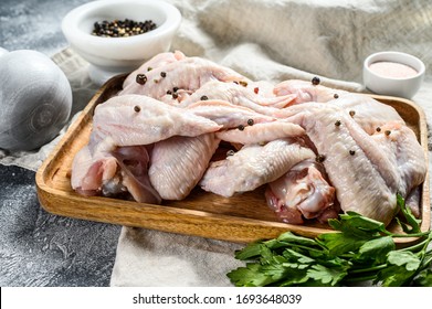 Raw Turkey Wings. Farm Organic Poultry. Top View. Gray Background