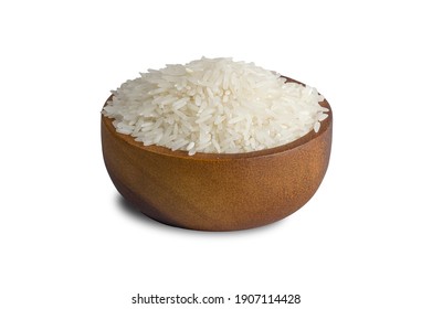 Raw, Uncooked Rice In A Separate White Wooden Bowl