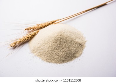 Raw Unprepared Semolina Flour Also Known As Rava Powder In Hindi Over White Or Moody Background. Selective Focus
