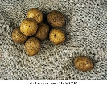 Raw Unwashed Potatoes Pile Isolated On Rough Sacking Material Overhead View. Agriculture And Vegetables Cultivation And Harvesting.