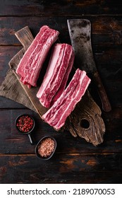 Raw Veal Calf Short Rib Meat, On Old Dark  Wooden Table Background, Top View Flat Lay.