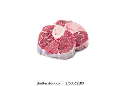 raw veal meat with marrow bone for italian dish Osso Buco cutout on white background